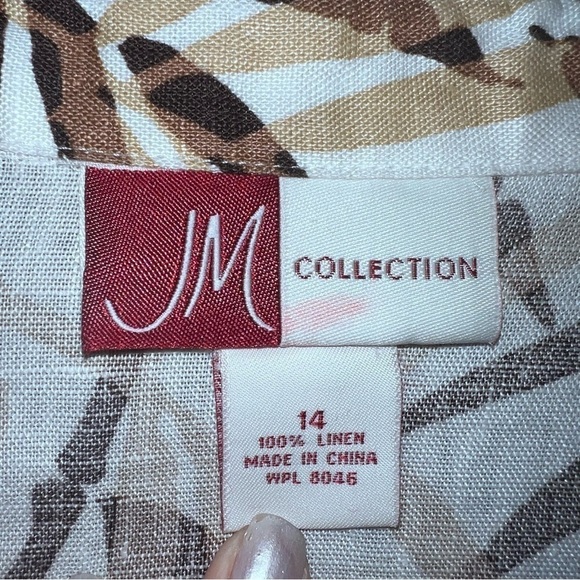 JM Collection | 100% Linen Brown & White Foliage Print Button Up Blouse Size:14 - Picture 5 of 9